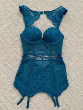 Victoria Secret/ Teal Lace Bustier Lingerie with Garter Straps/34B/ NWT